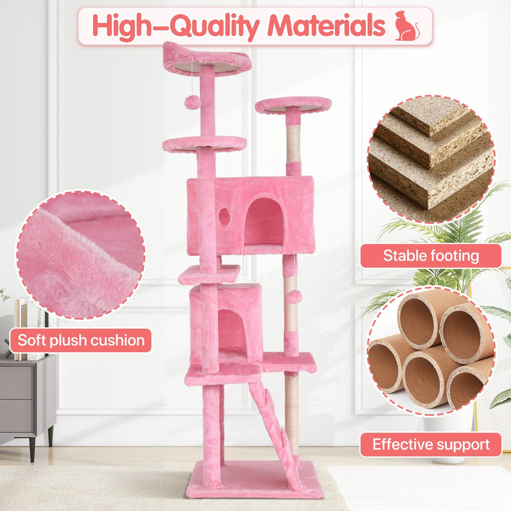 70in Cat Tree Cat Climbing Tower with Scratching Post, Cats House Perch Kitten Tree Condo Wood Playhouse, Pet Trees Tower for Indoor Cats, Pink