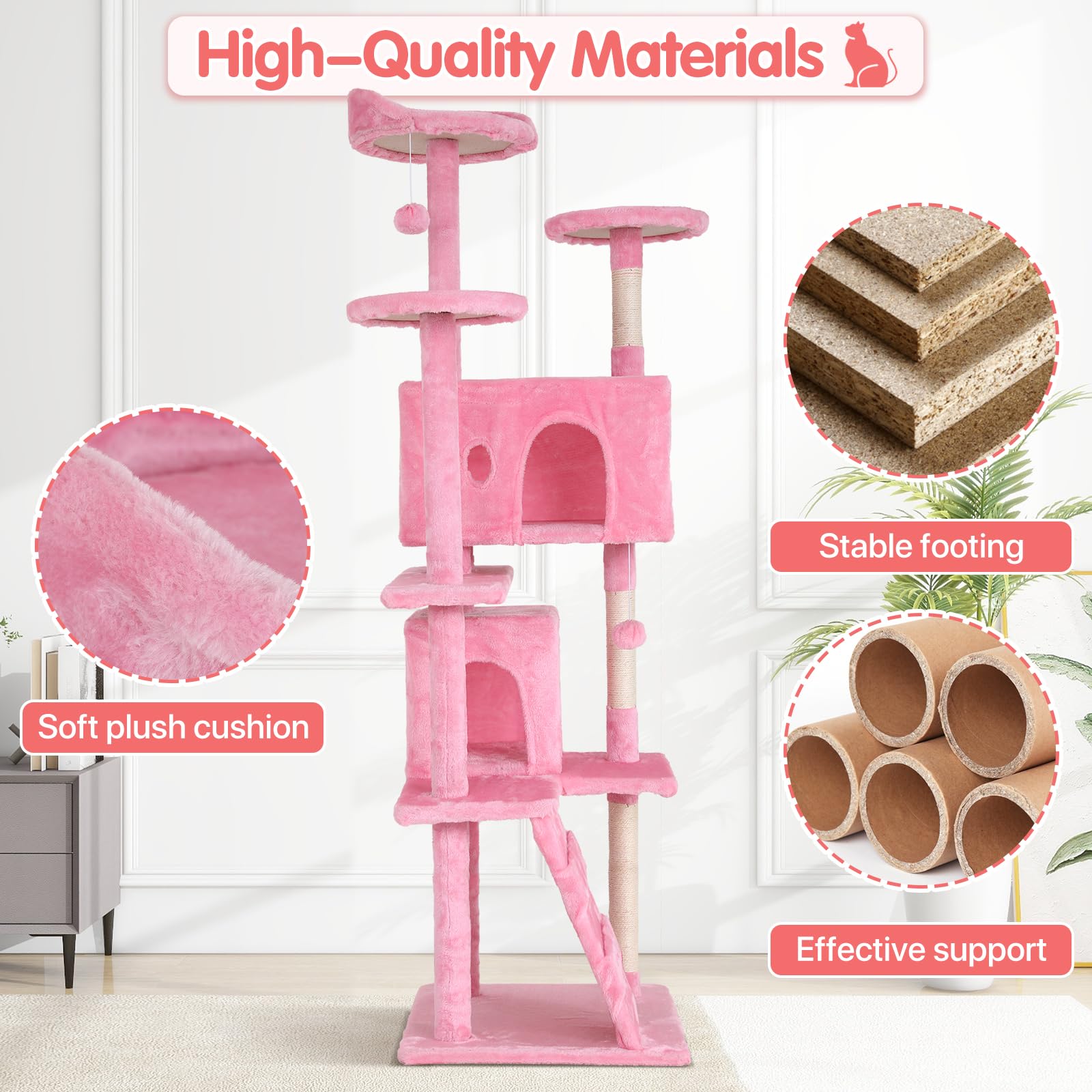 70in Cat Tree Cat Climbing Tower with Scratching Post, Cats House Perch Kitten Tree Condo Wood Playhouse, Pet Trees Tower for Indoor Cats, Pink
