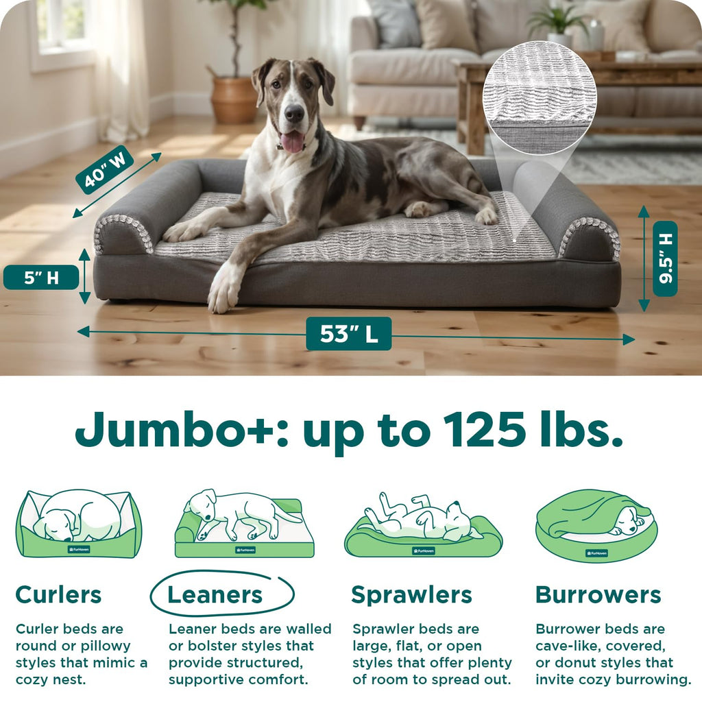 FurHaven Orthopedic Dog Bed For Large Dogs, Sofa Contour Mattress with Solid Orthopedic Foam Slab for Joint Support, Removable Washable Cover, Jumbo Plus XXL, Faux Fur, Charcoal