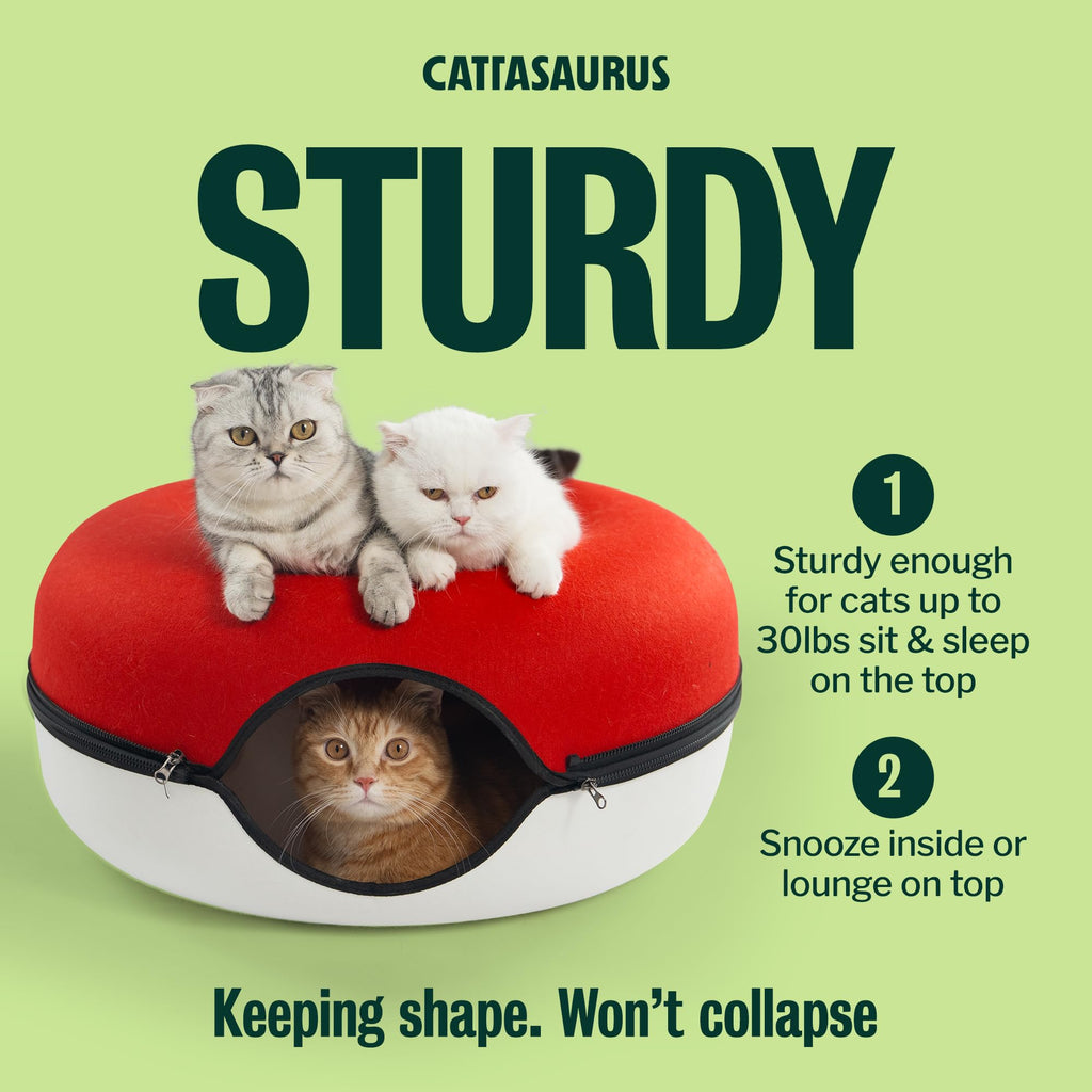 Cattasaurus Peekaboo Cat Cave Donut for Multiple & Large Cats up to 30-45 lbs, 3-in-1 Self Warming Cat Bed, Tunnel & Scratcher for Indoor Cats, Washable & Detachable Dog Bed (Ruby Snowball, Large)