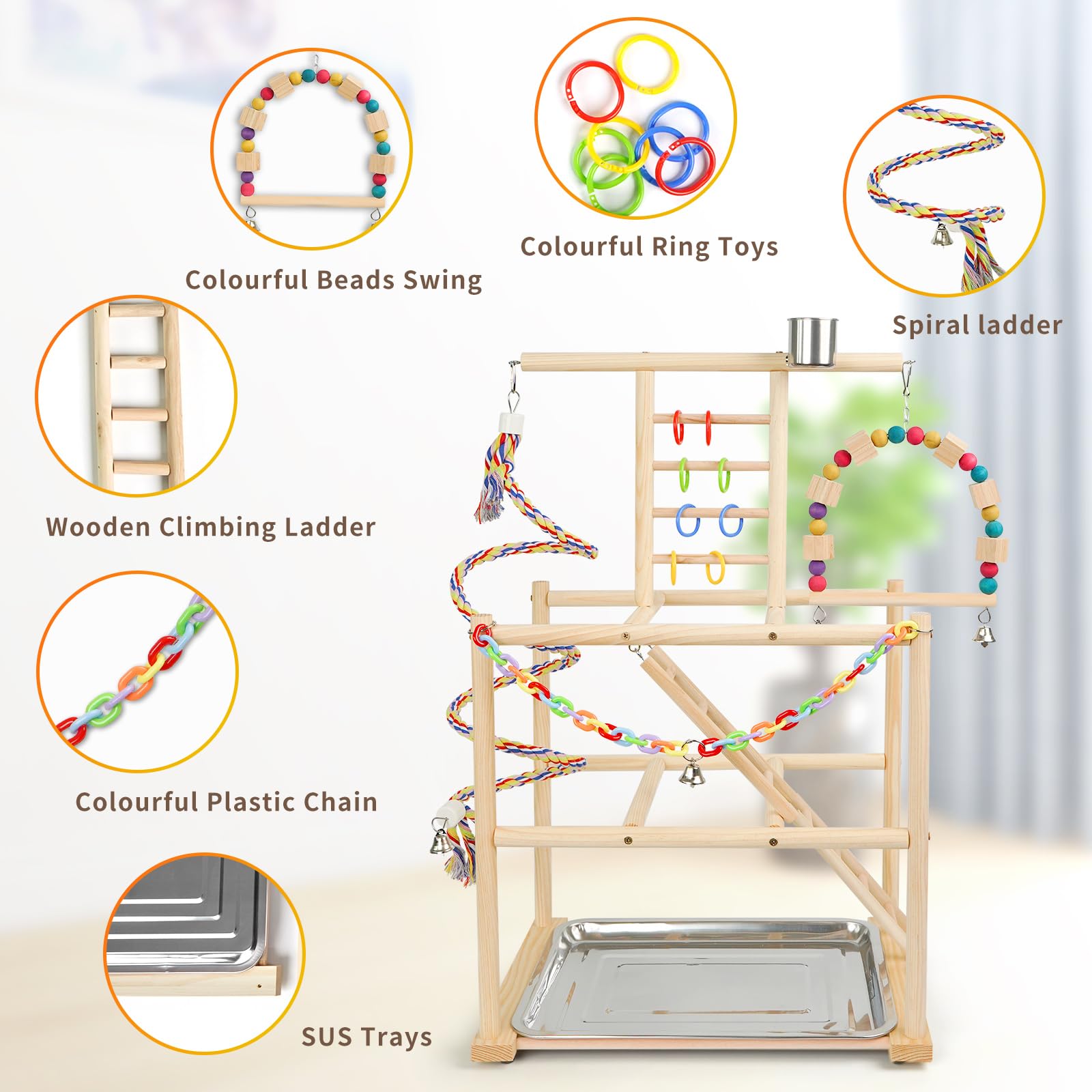HPAWHOMEPART Bird Playground, Parrots Playstand for Small to Medium Birds, Perch Stand with 3 Ladders Playgym with Rope Perch, Swings Feeder Cups Bird Cage Accessories for Conure Cockatiel Lovebirds