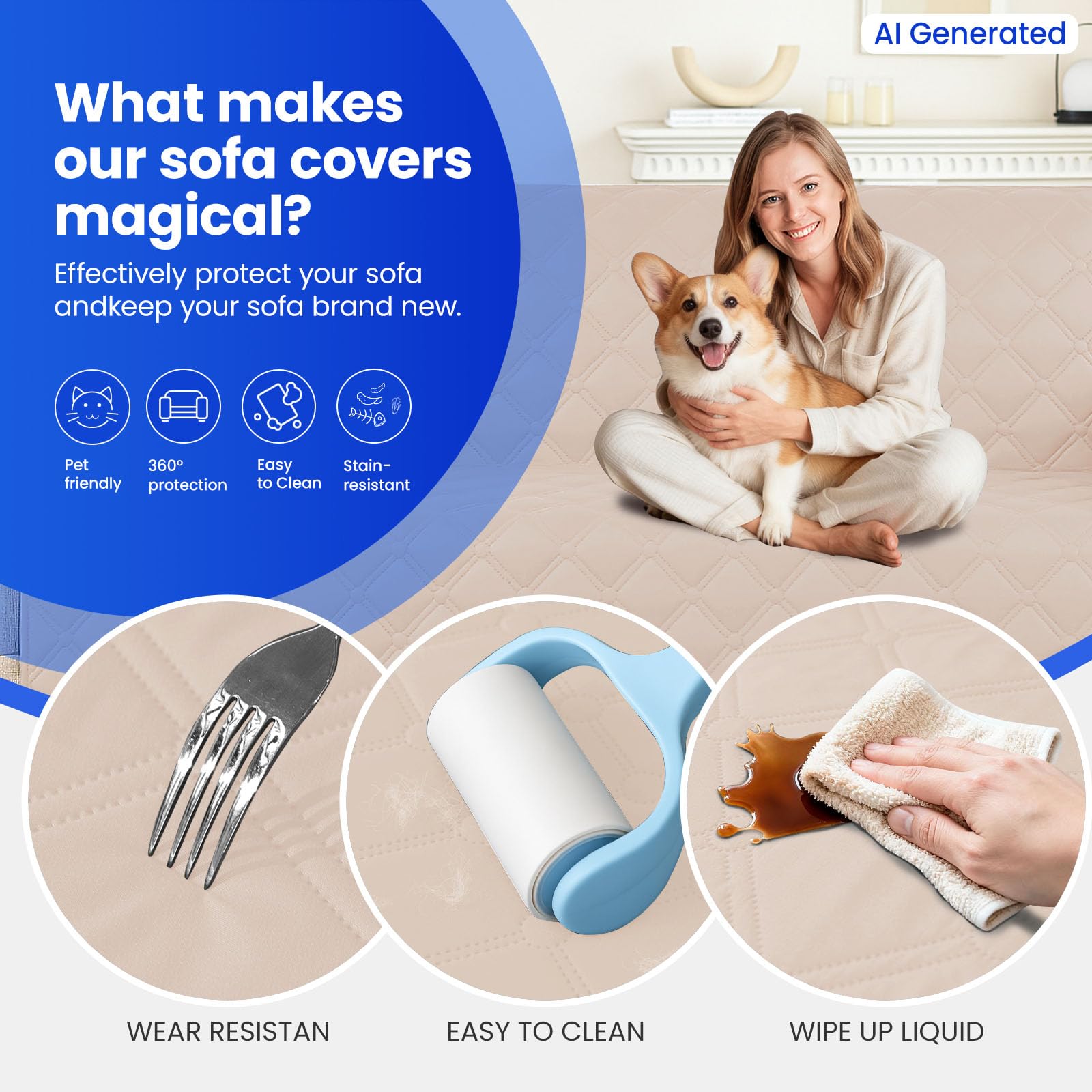 CYCMACO Waterproof Dog Blanket, Non-Slip Soft Pet Bed Cover, Couch Cover for Dogs Washable, Protects Sofa, Furniture, Crate, Car, Tear Resistant Leakproof Pet Blanket (52x82 Inch, Beige)