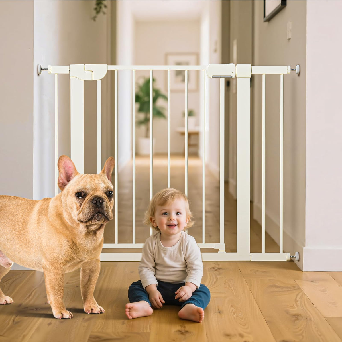 MUTAK 29.5-54.2" Magnetic Baby Gate for Stairs, Baby Safety Essentials, Auto Close Gate for Doorways, Easy Install Pressure Mounted Dog Gate Indoor, Pet Gates for Dogs, White