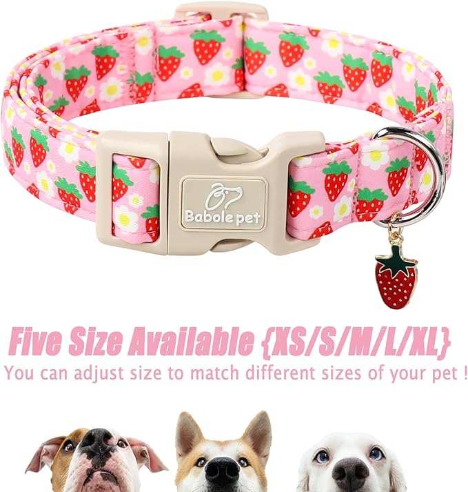 Babole Pet Cute Spring/Summer Dog Collar, Adjustable Pink Strawberry Dog Collars for Medium Dogs, Lightweight Quick-Release Buckle Collar for Boy&Girl Dogs M