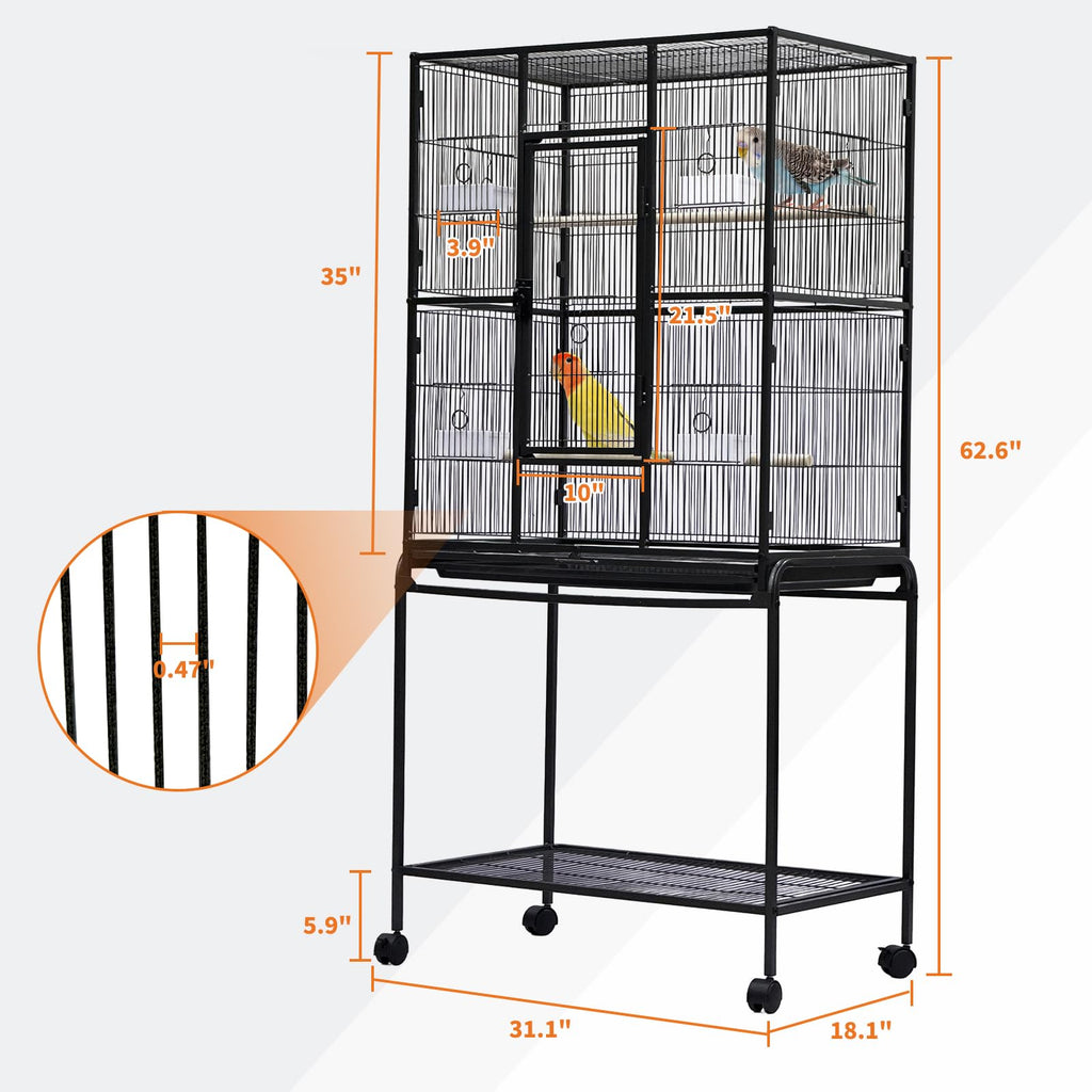 GarveeHome 62.6" H Large Bird Cage, Bird Cage with Rolling Storage Stands, Feed Bowls, Wide Tall Parrot Cage for Parakeets, Conures, Cockatiel, Cockatoo