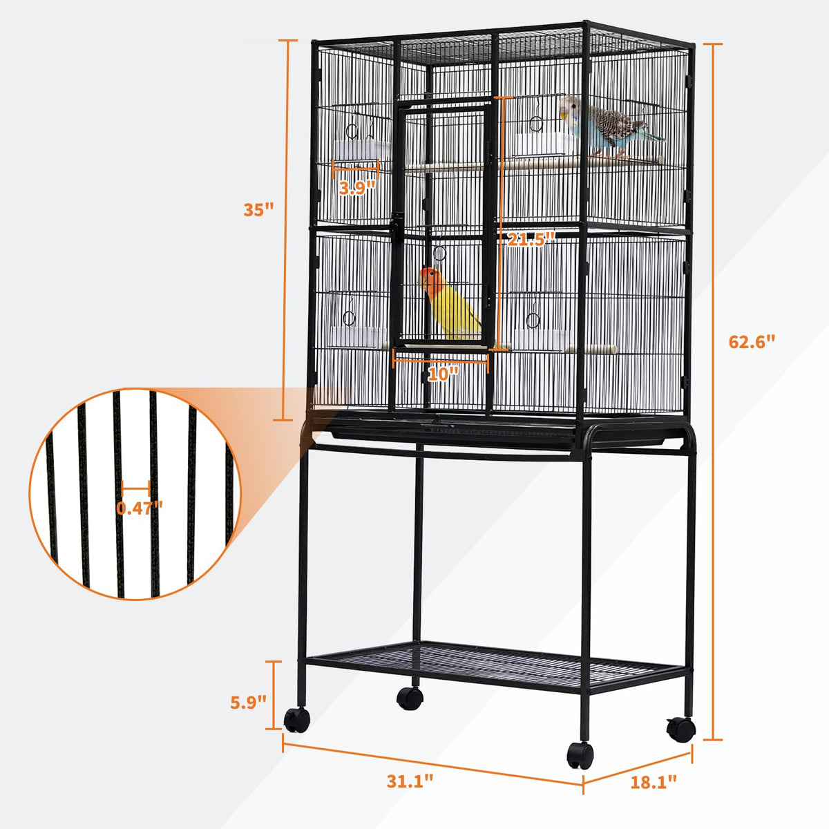 GarveeHome 62.6" H Large Bird Cage, Bird Cage with Rolling Storage Stands, Feed Bowls, Wide Tall Parrot Cage for Parakeets, Conures, Cockatiel, Cockatoo