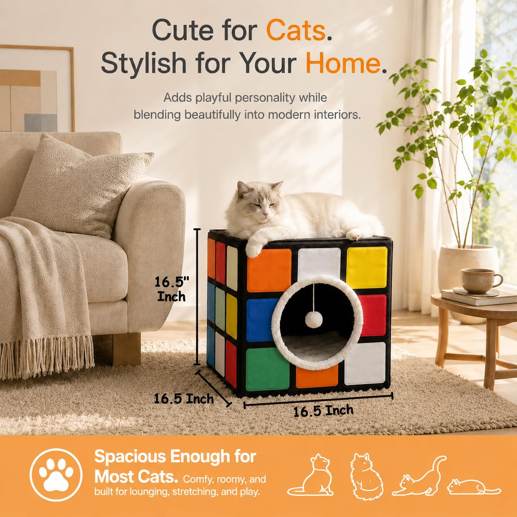 LUCKITTY Cat Condo House with Reversible Cushions and Fluffy Ball Hanging, Foldable Magic Cube, Large Cave Bed for Indoor Cats, Unique Puzzle Shape Lagre 16.5“ x 16.5" x 16.5”