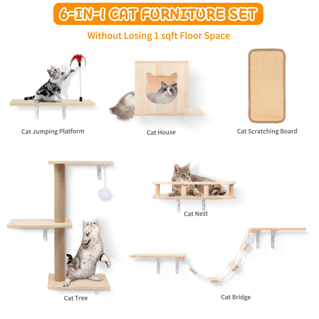 Coolsheepsia Cat Wall Shelves, Solid Wooden Wall-Mounted Cat Furniture