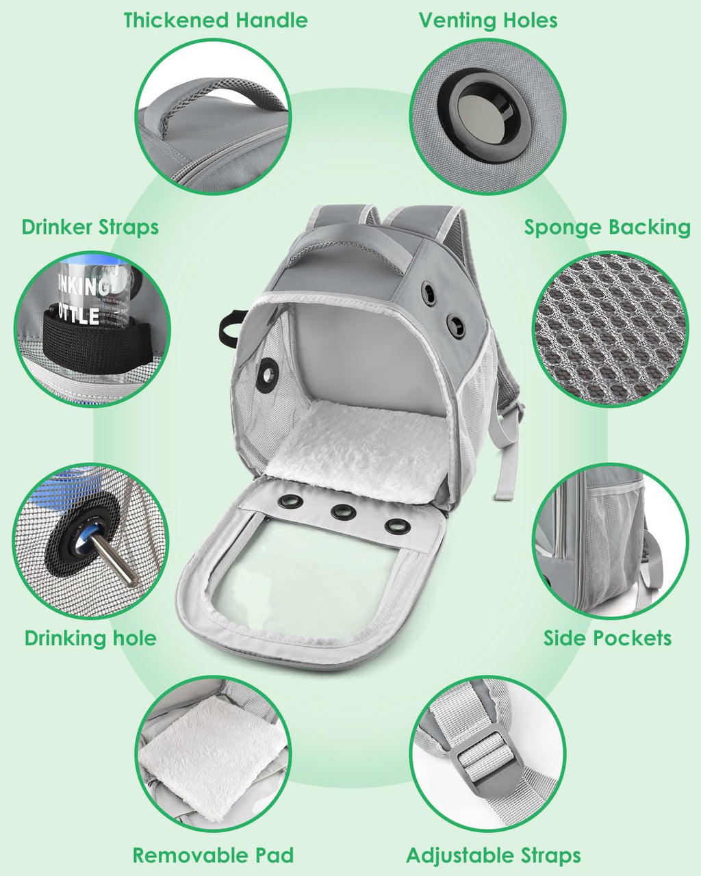DBNESS Guinea Pig Carrier Backpack, Portable Rabbit Travel Carring Bag for Pet Bunny Chinchilla Bearded Dragon Hamster Parrot Outgoing Pouch Case with Water Bottle Holder & Detachable Pad (Light Gray)
