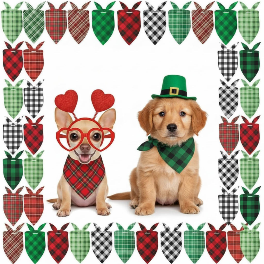Weewooday 50 Pcs Christmas Red and Green Plaid Dog Bandanas Bulk for Medium