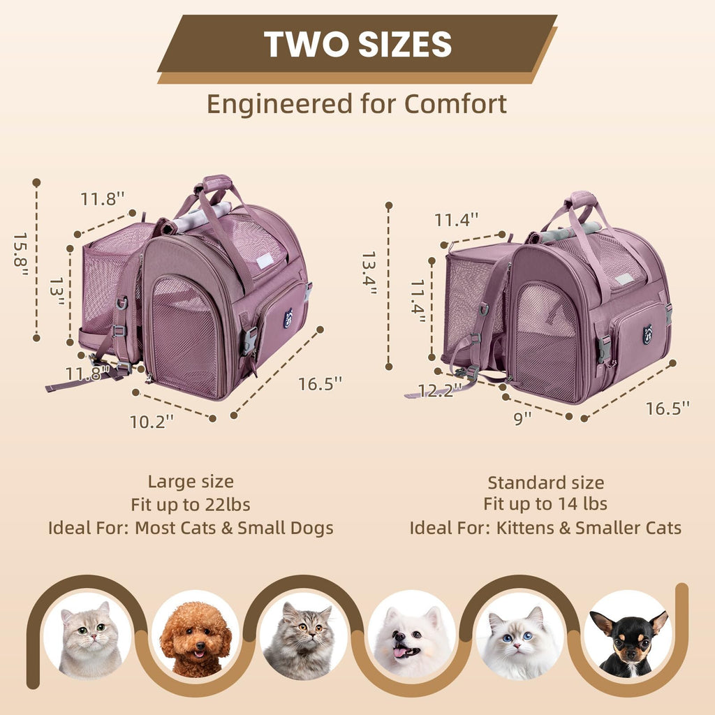 Lollimeow Expandable Cat Carrier Backpack for Large Cats - Airline Approved Pet Carrier Backpack for Small Dogs, Hiking & Travel, Waterproof with Breathable Mesh, 14lbs Capacity (Plum, Standard)