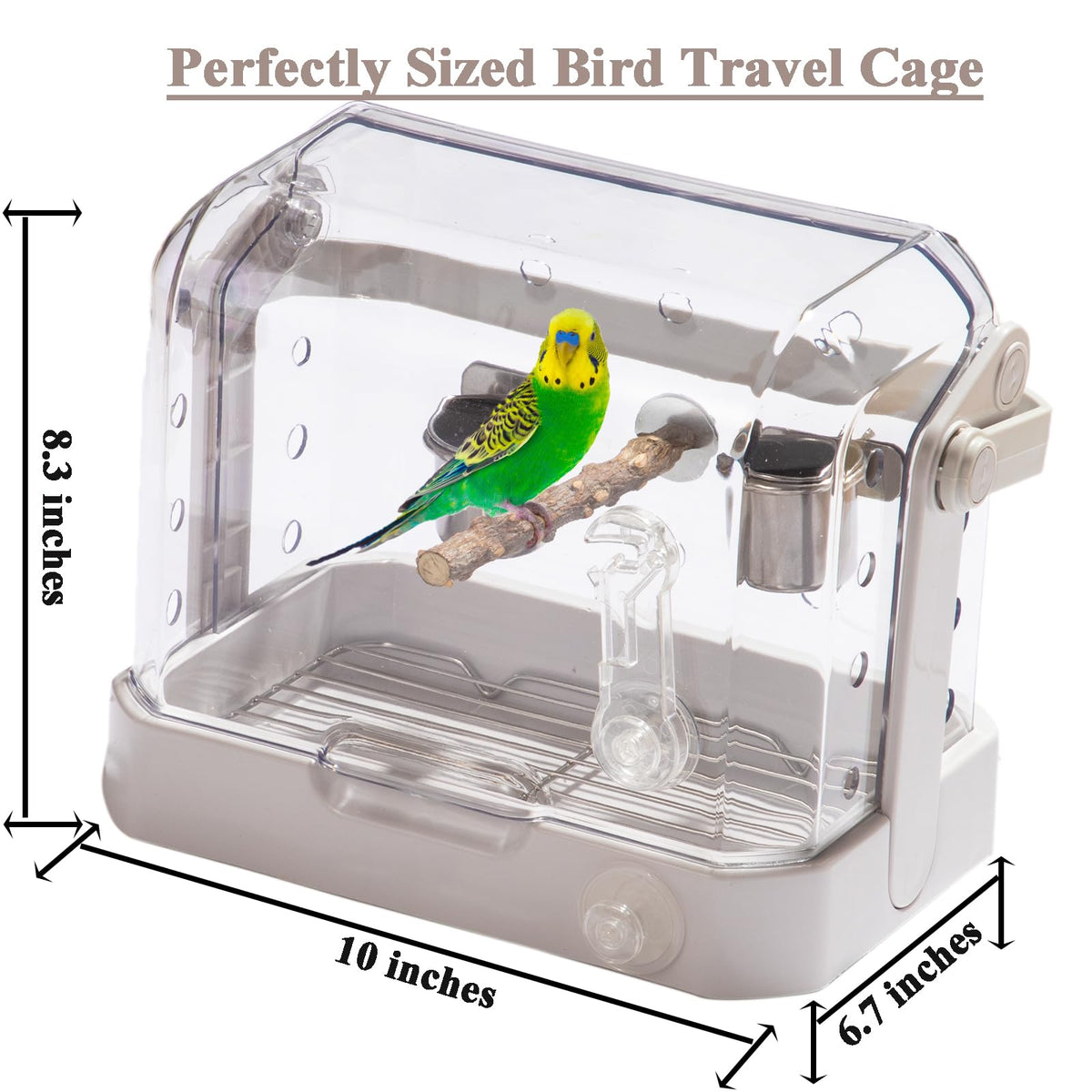 Bird Travel Cage, 10×6.7×8.3 Inches Waterproof & Sturdy Pet Carrier with Perch & Food Bowls, Portable Cage for Budgies, Cockatiels, Lovebirds & Small Birds