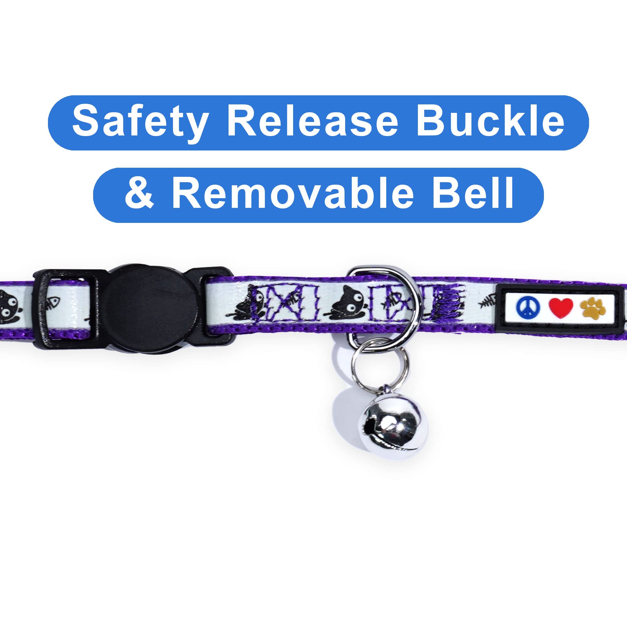 Pawtitas Glow in the Dark Cat Collar with Breakaway Safety Buckle & Bell Adjustable Kitten Collar, Purple