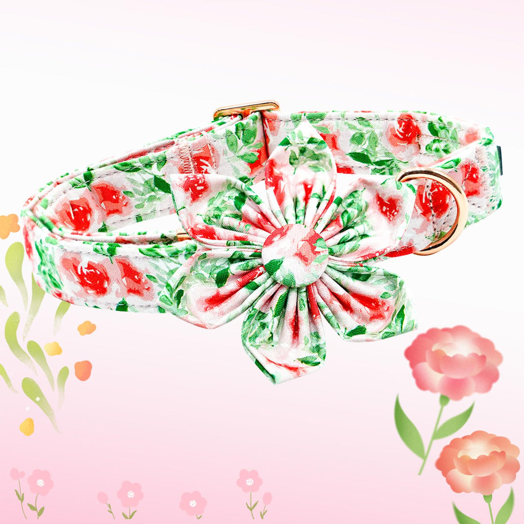 Lionheart glory Dog Collar Flowers Collar Floral Dog Collar with Flower Spring Summer Cute Collar Dog Boy or Girl Dog Collars Soft Durable Adjustable Dog Collars for Small Dogs, Red Roses