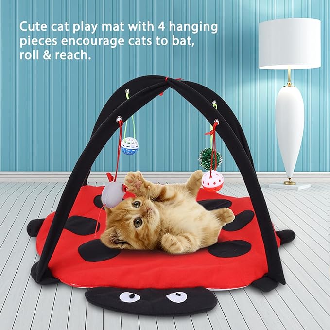 Foldable Cat Activity Play Mat Tent, Multi Function Cat Tent Activity Center with Hanging Toy, Cat Activity Center Pet Kitten Cushion Bed Hanging Balls Padded House Center for Cats Exercise Stay