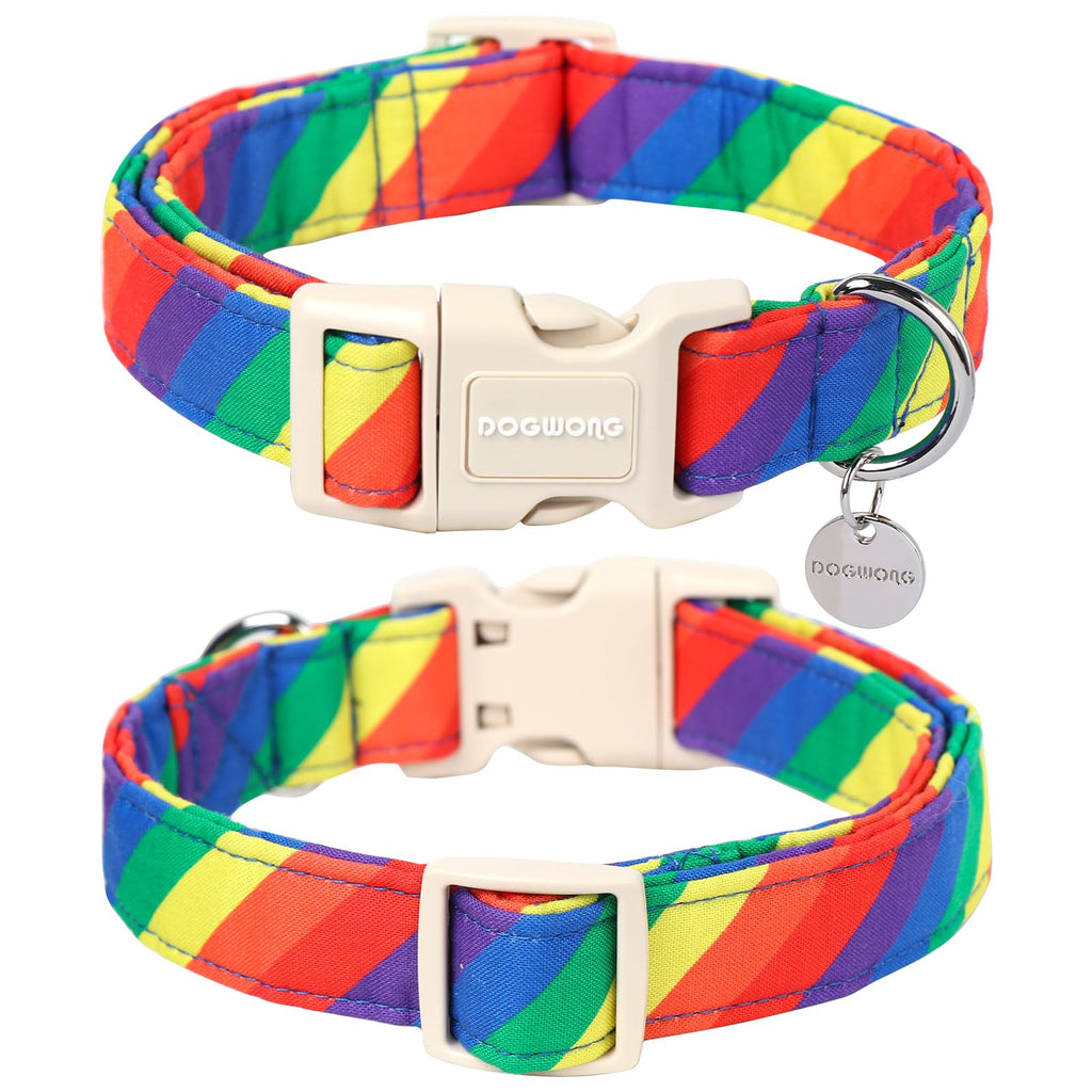 DOGWONG Cotton Dog Collar, Rainbow Dog Collar Durable Soft Natural Fabric Pet Dog Collar Cute LGBTQ Puppy Necklace for Small Medium Large Dog