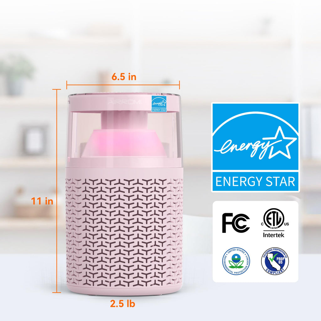 AIRROMI Pet Air Purifier for Home & Bedroom, HEPA Activated Carbon Filter, Removes Pet Dander & Odor, Allergies, Smoke, Hair, Night Light, Fragrance Sponge, Up to 658 ft², A2002 Pink