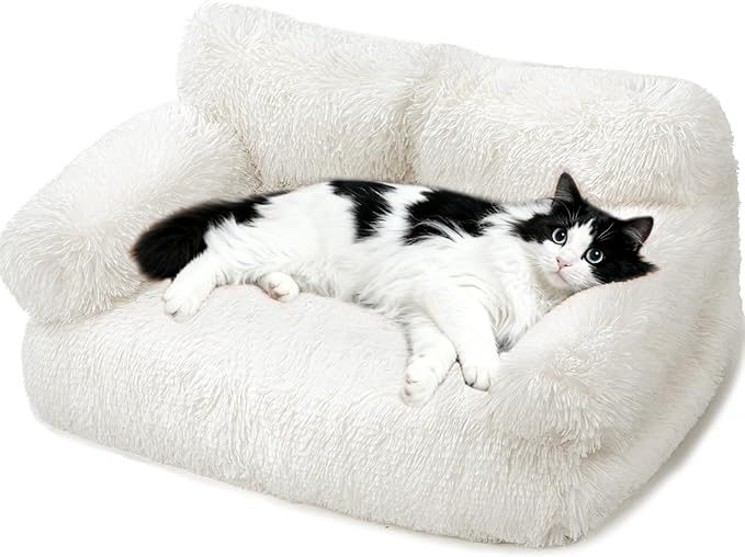FURMORENE Large Cat Beds for Indoor Cats, Dog Couch Bed, Cute Cat Couch Sofas for Less 20lbs Kitten Puppy, Small Dog Sofas & Chairs with Removable Washable Cover, Soft Warm Pet Furniture, Plush White