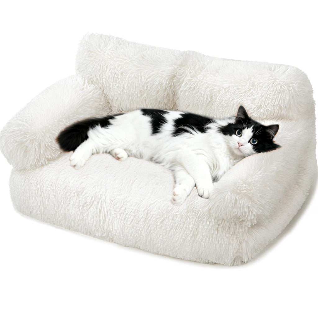 FURMORENE Large Cat Beds for Indoor Cats, Dog Couch Bed, Cute Cat Couch Sofas for Less 20lbs Kitten Puppy, Small Dog Sofas & Chairs with Removable Washable Cover, Soft Warm Pet Furniture, Plush White