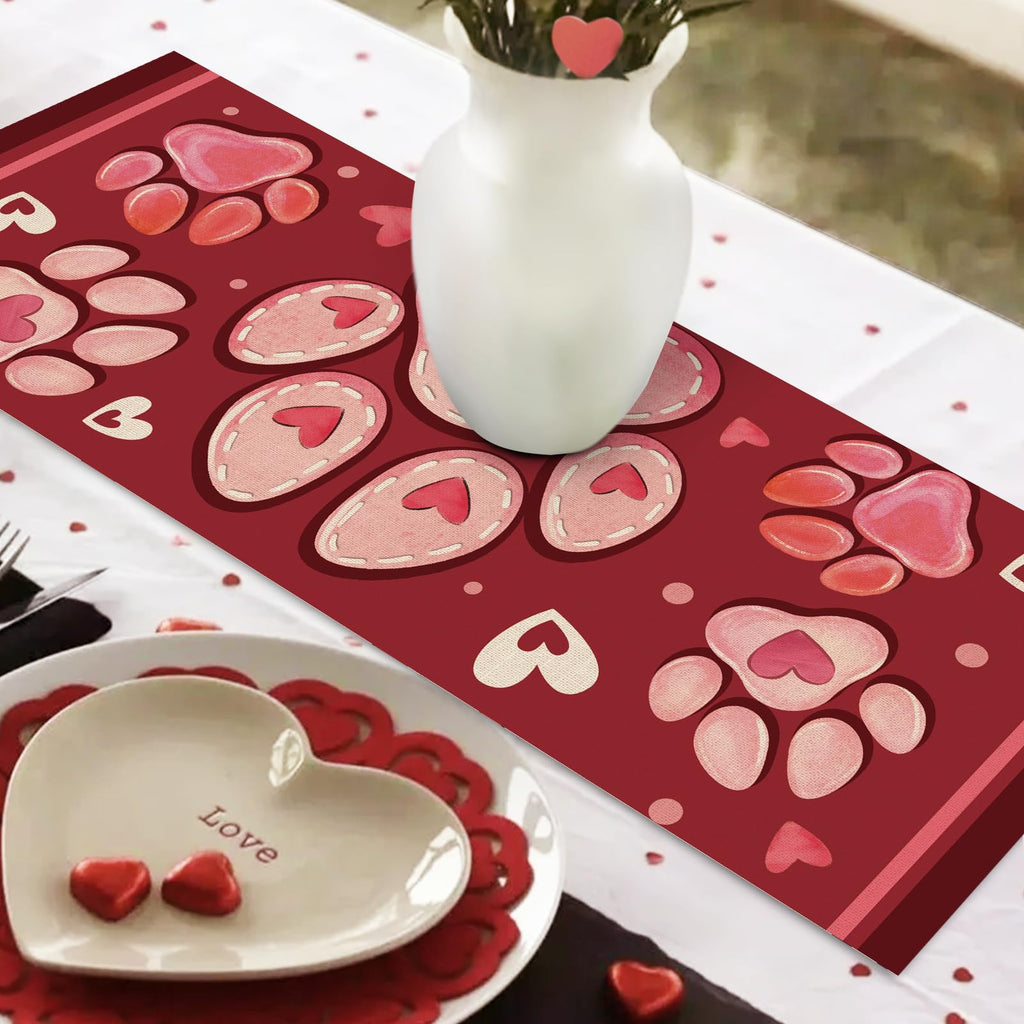 Croar Valentines Day Dog Cat Paw Prints Table Runner, Red Love Hearts