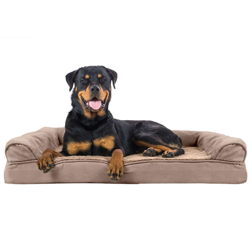Furhaven Orthopedic Dog Bed for Large Dogs w/ Removable Bolsters & Washable Cover, For Dogs Up to 95 lbs - Plush & Suede Sofa - Almondine, Jumbo/XL