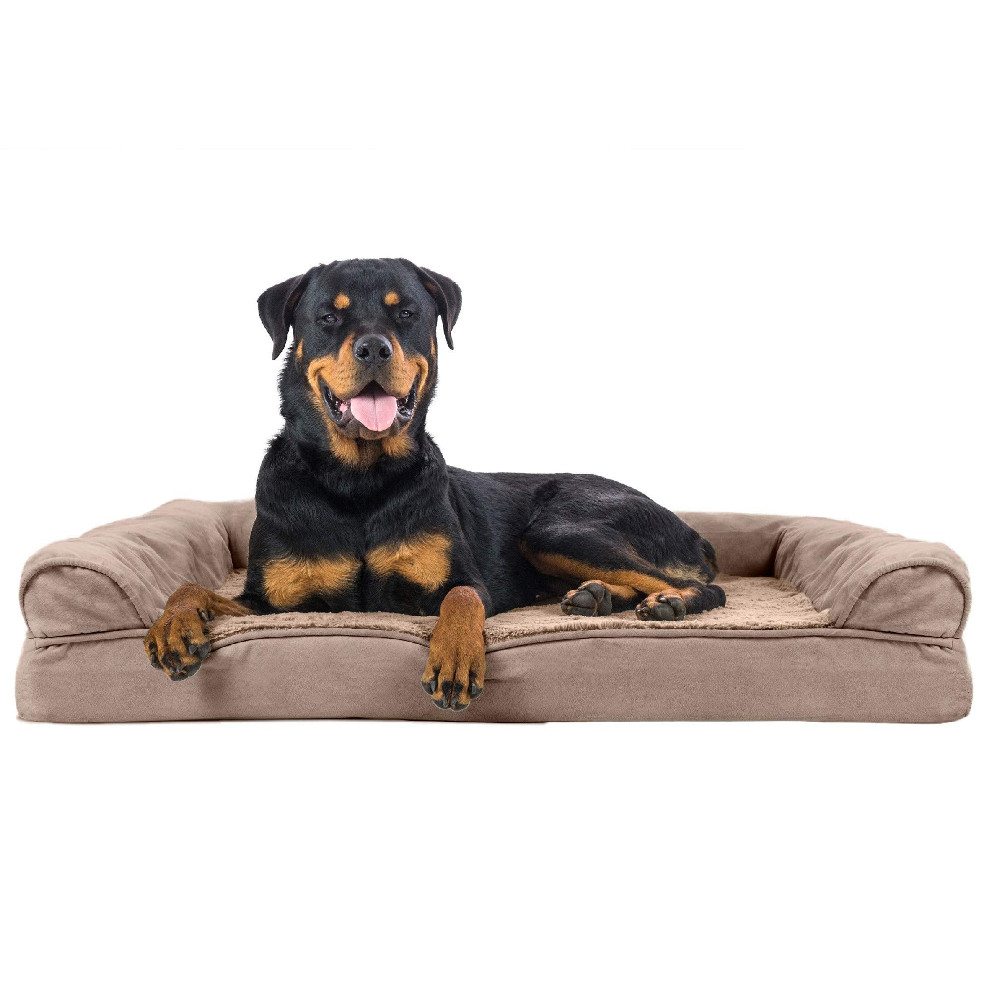 Furhaven Orthopedic Dog Bed for Large Dogs w/ Removable Bolsters & Washable Cover, For Dogs Up to 95 lbs - Plush & Suede Sofa - Almondine, Jumbo/XL