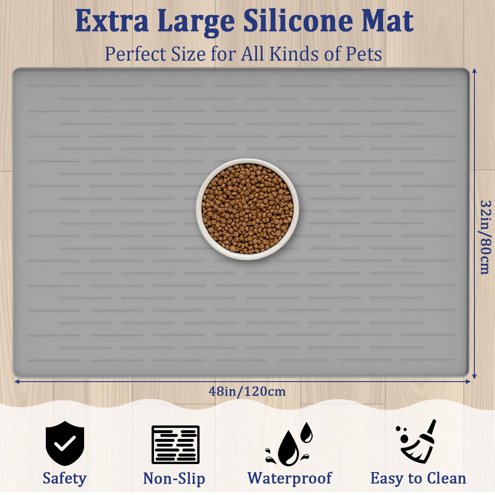 48"x32" Extra Large Pet Food Mat, 1.5MM Super Thick Silicone Dog Mats for Food and Water, XXXL Nonslip Pet Feeding Mats for Floors,Dog Cat Bowl Mat with Raised Edges, Brown