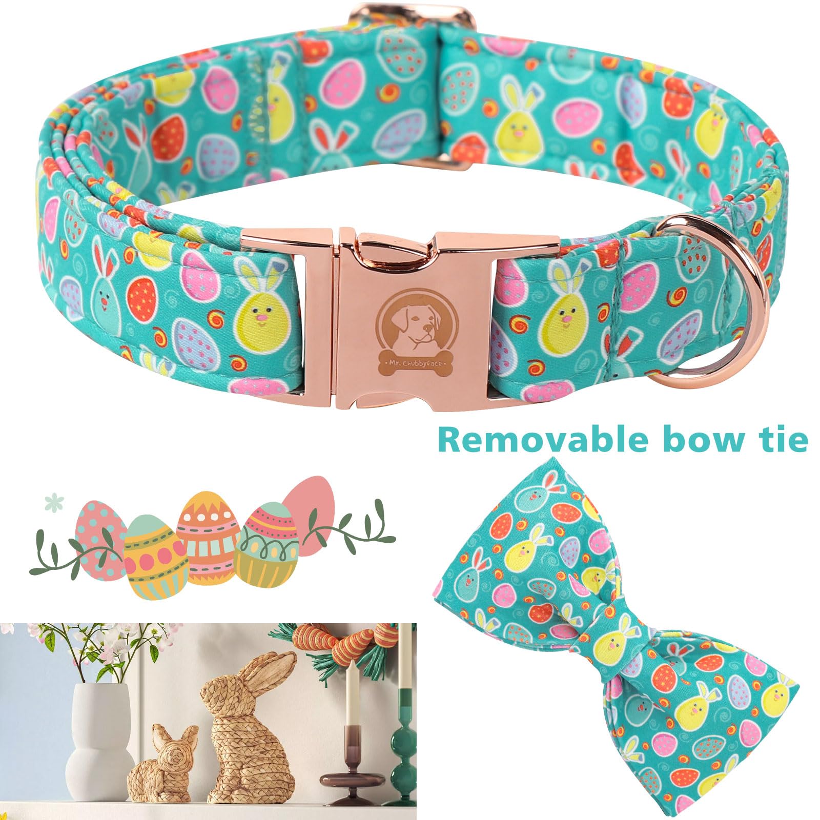 ·MR. CHUBBYFACE· Easter Dog Collar with Bowtie, Eater Bunny Eggs Dog Collars, Soft Durable Adjustable Easter Puppy Pet Collar for Small Medium Large Dog Collar