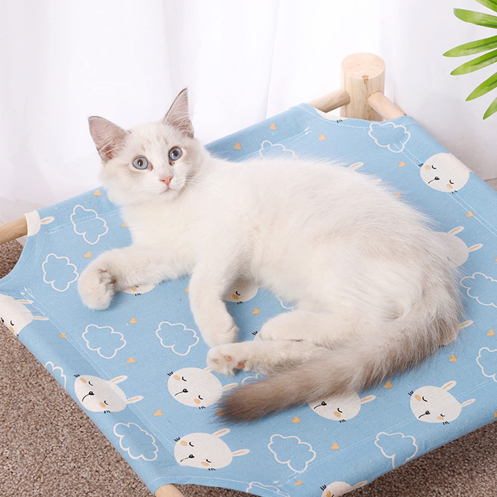 Pozico Cat & Dog Hammock Bed – Wooden Elevated Pet Cot with Breathable Mesh – Raised Cat Bed for Small Pets, Portable Puppy Bed Indoor & Outdoor Use – Blue Rabbit Design