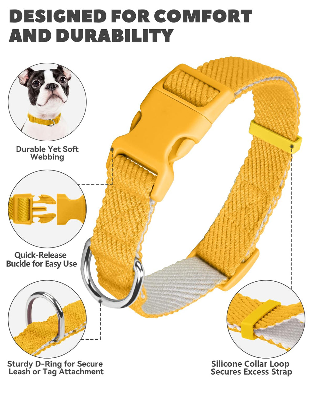 Dynmeow Soft and Breathable Cotton Dog Collar, Durable Adjustable Pet Collar with Quick-Release Buckle, Lightweight for Sensitive Skin for Puppies and Extra-Small Dogs, Yellow, Xs