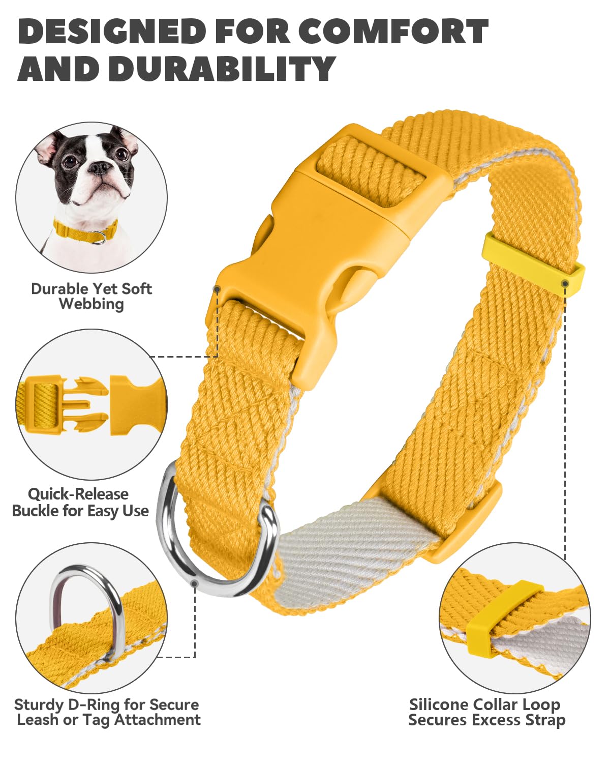 Dynmeow Soft and Breathable Cotton Dog Collar, Durable Adjustable Pet Collar with Quick-Release Buckle, Lightweight for Sensitive Skin for Puppies and Extra-Small Dogs, Yellow, Xs