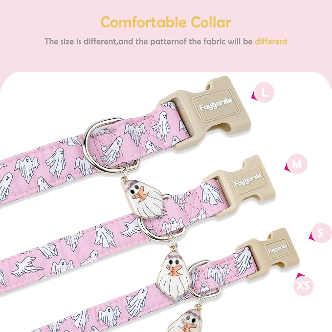Faygarsle Pink Ghost Pattern Dog Collar with Charm, Halloween Pet Necklace, Adjustable Collar for Small Medium Large Dogs, L