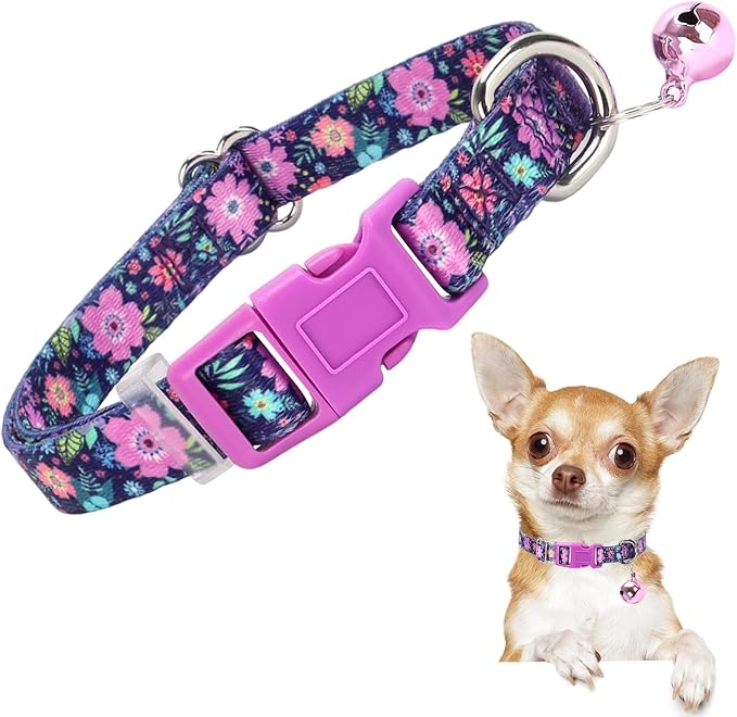 Floral Small Dog Collar with Bell XXS XS Cat Collars for Tiny Dogs