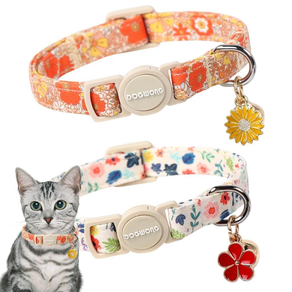 2 Pack Flower Cat Collars Breakaway with Bell, DOGWONG Safety Buckle Rose Floral Cute Cat Collar for Girl Boy Cats，Adjustable 7-12 Inch