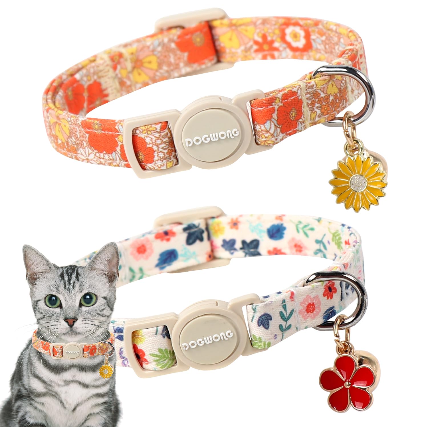 2 Pack Flower Cat Collars Breakaway with Bell, DOGWONG Safety Buckle Rose Floral Cute Cat Collar for Girl Boy Cats，Adjustable 7-12 Inch
