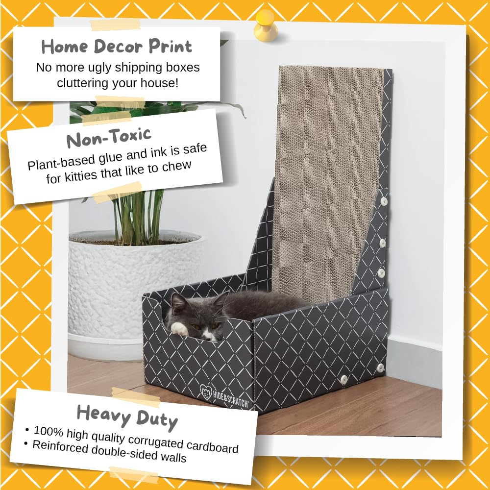 Hide & Scratch Cardboard Cat Scratcher Box & Bed - Dark Grey Diamond (Vertical L-Shaped) | Double-Sided Corrugated Pad for Indoor Cats | Refillable Scratching Board Toy for Play & Furniture Protection