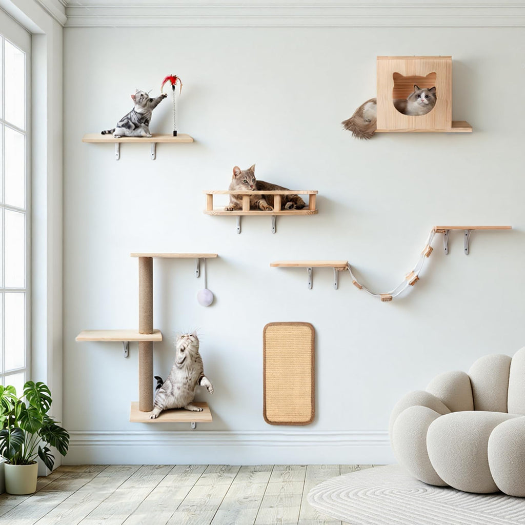 Coolsheepsia Cat Wall Shelves, Solid Wooden Wall-Mounted Cat Furniture