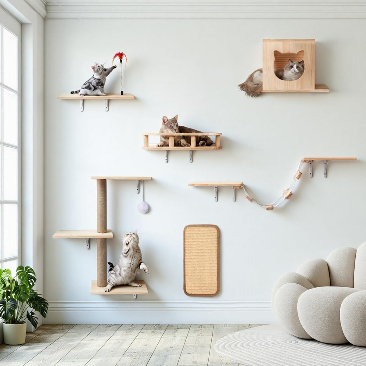 Coolsheepsia Cat Wall Shelves, Solid Wooden Wall-Mounted Cat Furniture