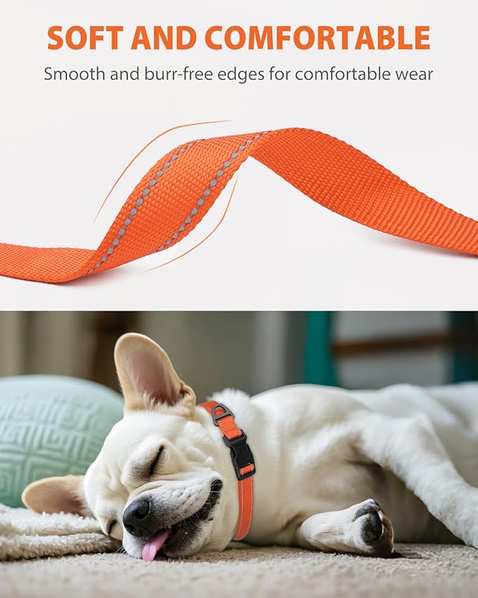 Joytale Dog Collars for Small Dogs, Feather-Light Double-Sided Reflective Nylon Collar for Night Safety, Adjustable Quick-Release for Growing Puppies, Orange, S (5/8" Width)