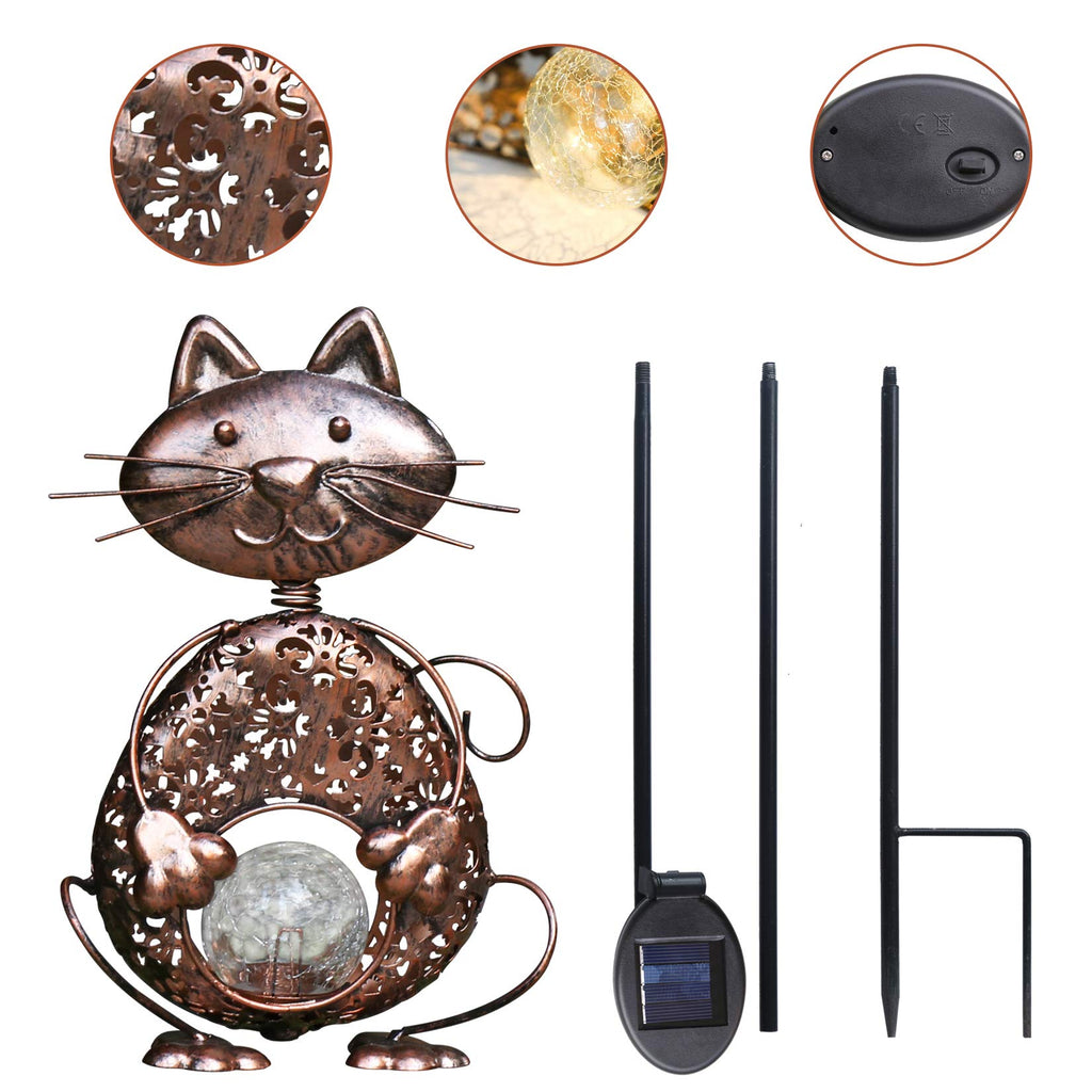 KAIXOXIN Garden Solar Lights Metal Cat Crackle Glass Globe Stake Light Waterproof Warm White LED Solar Path Lights (Cat-Bronze)