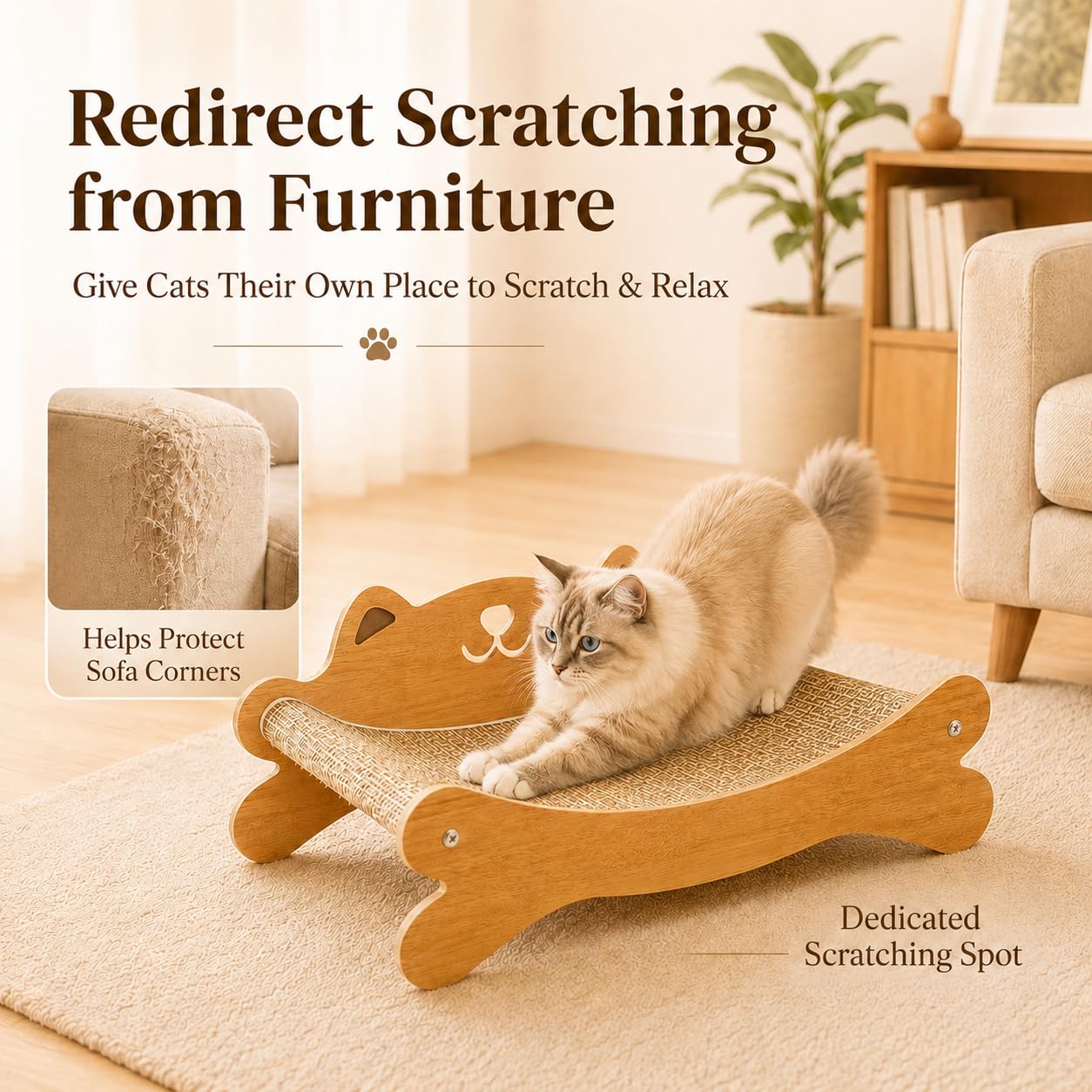 RizzQi Cat Scratcher Bed for Indoor Cats - Summer Cool Hammock, 23.2″ Large Scratching Lounge with 40 lbs Weight Capacity, Wooden Modern Cat Scratching Post & Pad Furniture