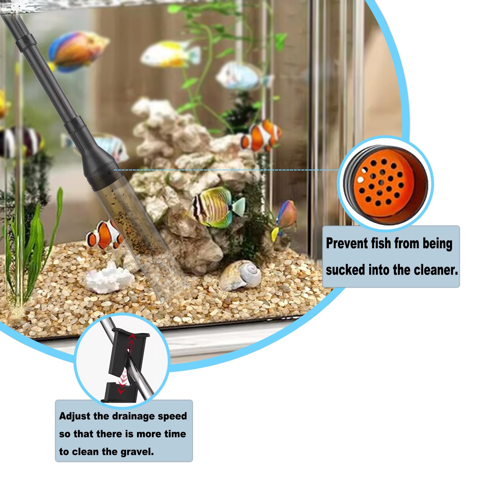 Carefree Fish Aquarium Gravel Cleaner 6Ft Hose Fish Tank Water Changer Gravel Vacuum Adjustable Length ABS(for 20~100Gal Tank)