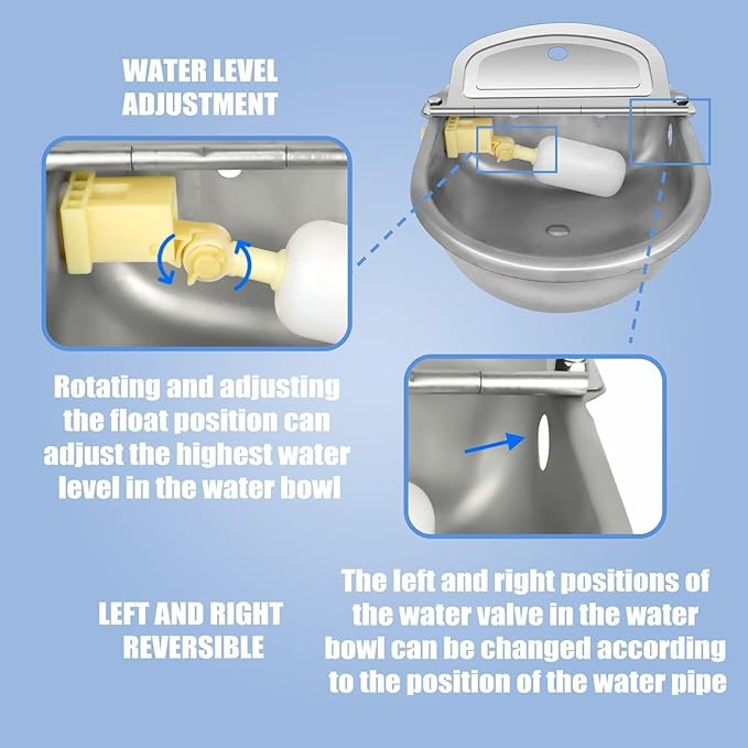 Automatic Animal Drinking Water Bowl with Float Valve, Standard Pipe,3L Stainless Steel Waterer Feeder Farm Dog Dispenser Kit Self Filling for Livestock Horse Goat Water Trough