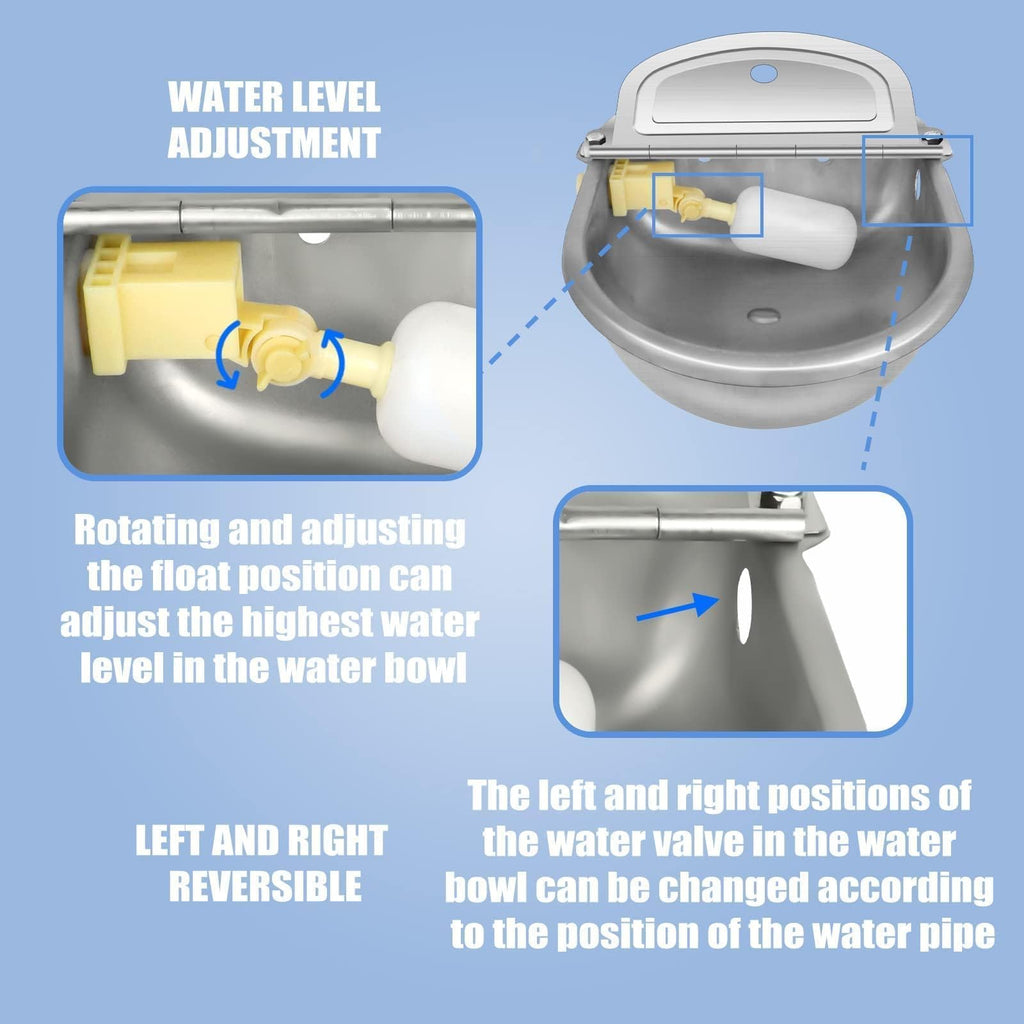 Automatic Animal Drinking Water Bowl with Float Valve, Standard Pipe,3L Stainless Steel Waterer Feeder Farm Dog Dispenser Kit Self Filling for Livestock Horse Goat Water Trough