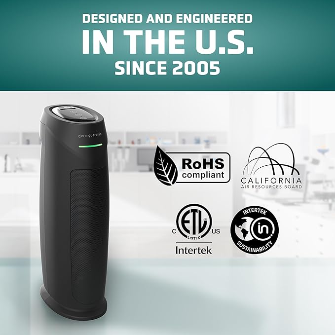 GermGuardian HEPA Large Room Air Purifier for Bedroom, Office, Dorm, and Home - Filters Pet Dander, Dust, Pollen, Smoke, Scents - Air Quality Monitor - AC4880B - 22" Tower - Black