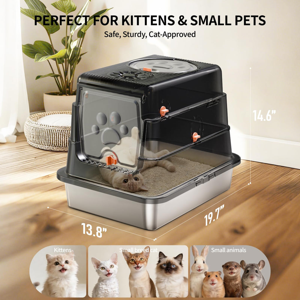 Stainless Steel Cat Litter Box with Lid, Small Enclosed Metal Litter Pan