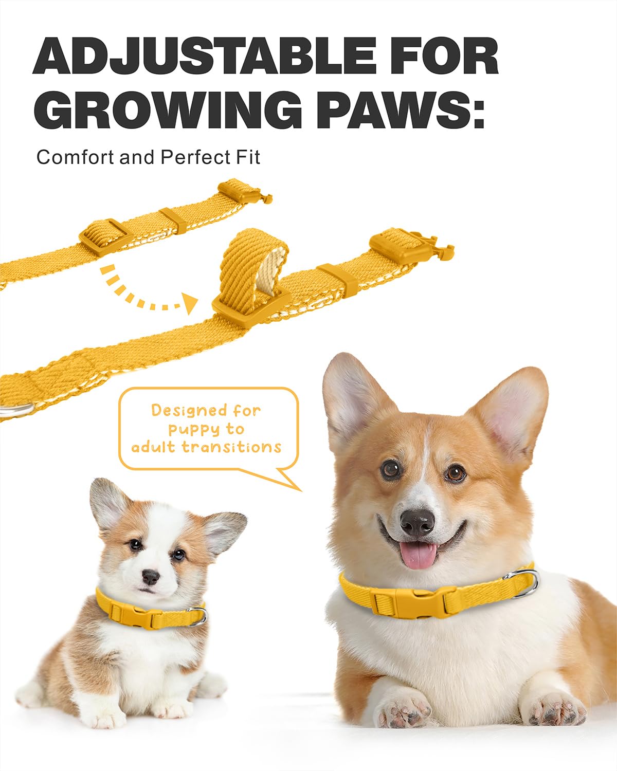 Dynmeow Soft and Breathable Cotton Dog Collar, Durable Adjustable Pet Collar with Quick-Release Buckle, Lightweight for Sensitive Skin for Small and Medium Dogs, Yellow, S