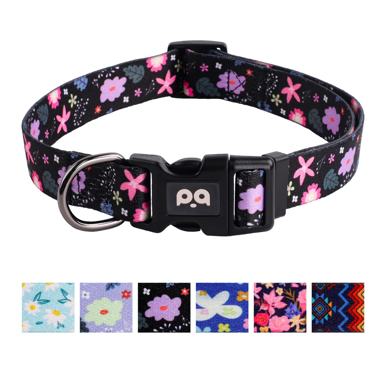 QQPETS Adjustable Soft Dog Collar: Print Flower Pink Multicolor Cute Patterns for XS Small Medium Large Pet Girl Boy Puppy Walking Running Training