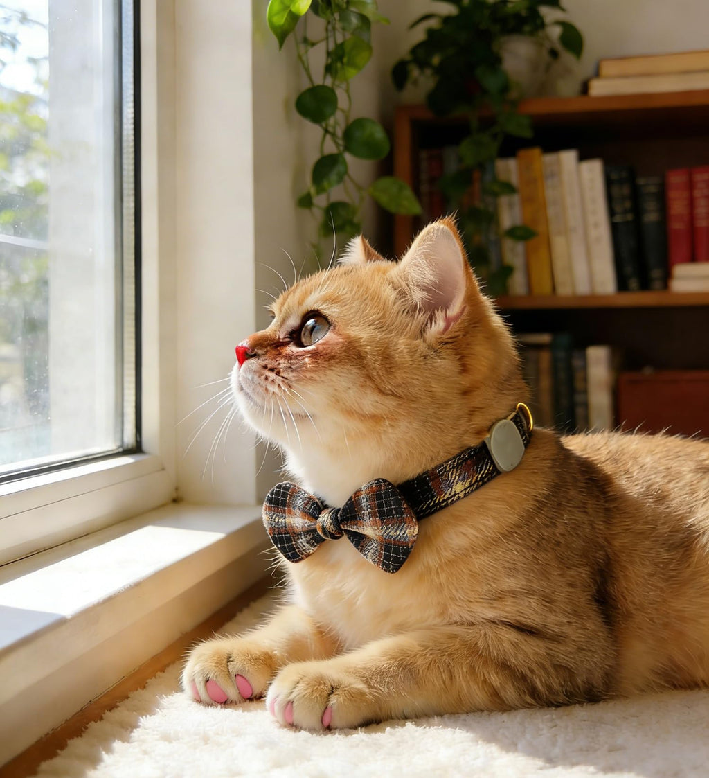 YUDOTE Cotton Bowtie Cat Collar with Bell 2 Pack Plaid Breakaway Kitten Collars with Removeable Bunny Ear Bow(Mocca Tweed+Ocean Blue)