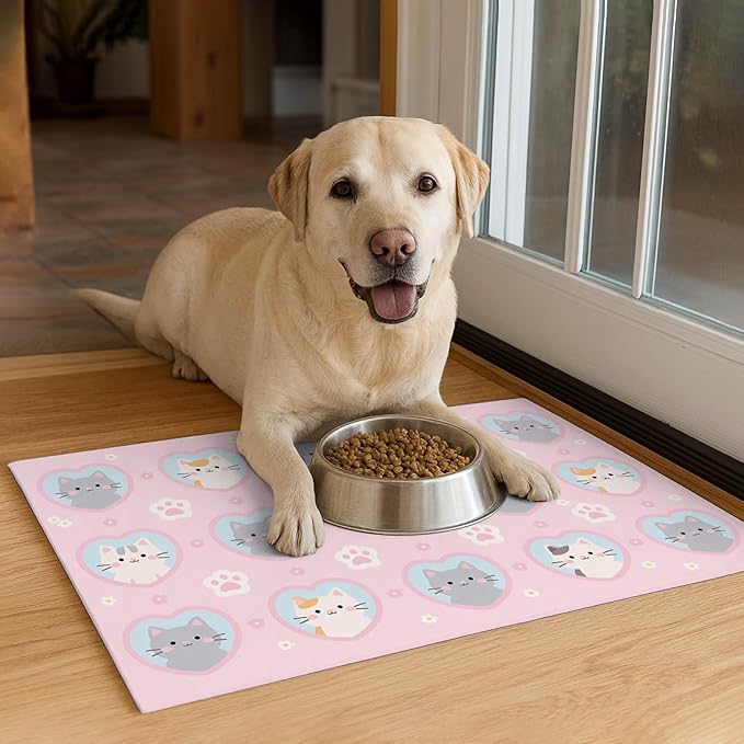 Cat Feeding Mat 24x16 inch Pink Heart Kitten Print Pet Bowl Placemat Non Slip Floor Mat for Food and Water Indoor Kitty Feeding Station Cute Meal Pad for Small Pets Kitchen Use